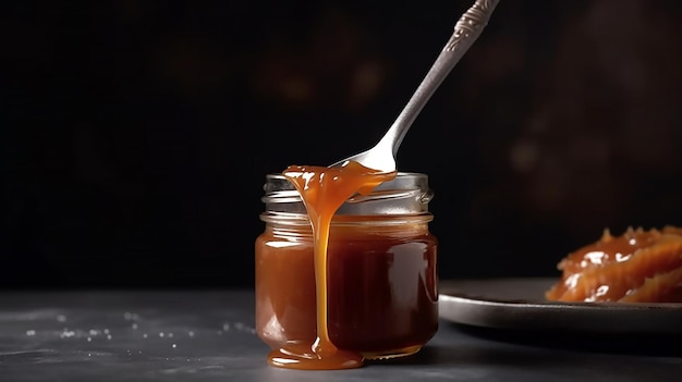 A spoonful of caramel sauce is being poured into a jar.