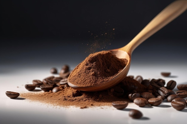 A spoonful of coffee sits on a table with a coffee beans scattered around it.