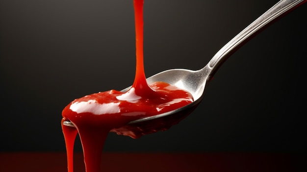 Photo a spoonful of food with a red sauce dripping down