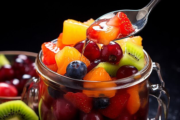 Photo a spoonful of fruit salad being lifted from a bowl with a blurred background