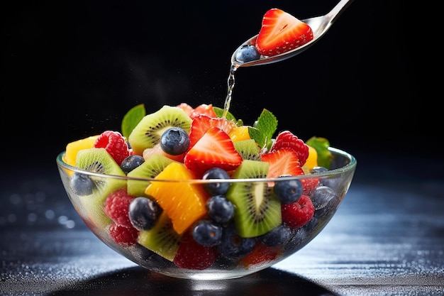 A spoonful of fruit salad being lifted from a bowl with a blurred background