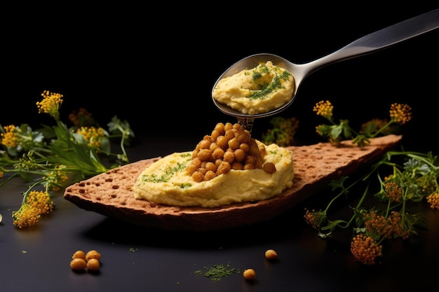 Spoonful of hummus on a backdrop of chickpeas