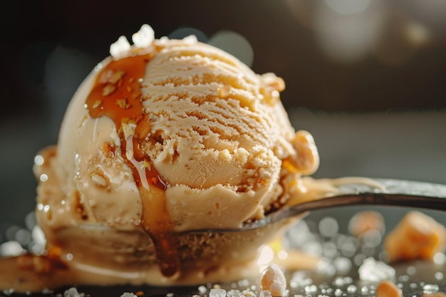 A spoonful of ice cream with caramel drizzled on top