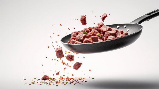 A spoonful of meat is being thrown into a bowl.