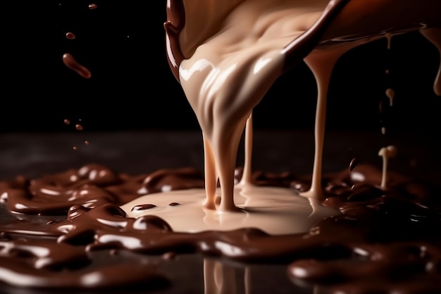 A spoonful of melted chocolate is poured into a bowl.