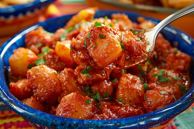 Spoonful of menudo being lifted from bowl