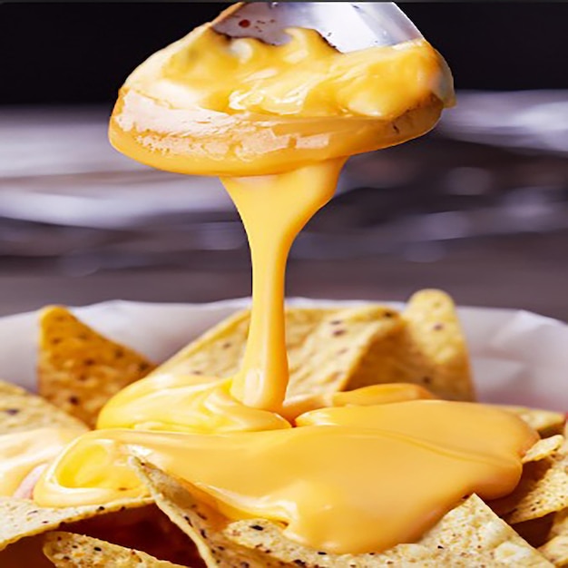 Spooning melted cheese over crispy nachos