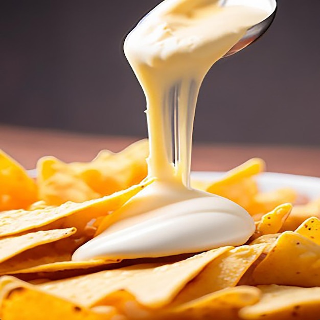 Spooning melted cheese over crispy nachos