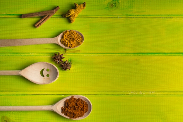 Spoons and spices on green tabletop