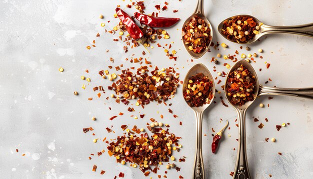 Foto cucchiai con fiocchi di peperoncino chipotle e peperoni jalapeno secchi su uno sfondo chiaro