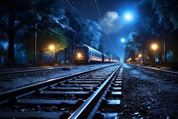spoorweg in de nachtelijke hemel met sterren en maan 3D-rendering