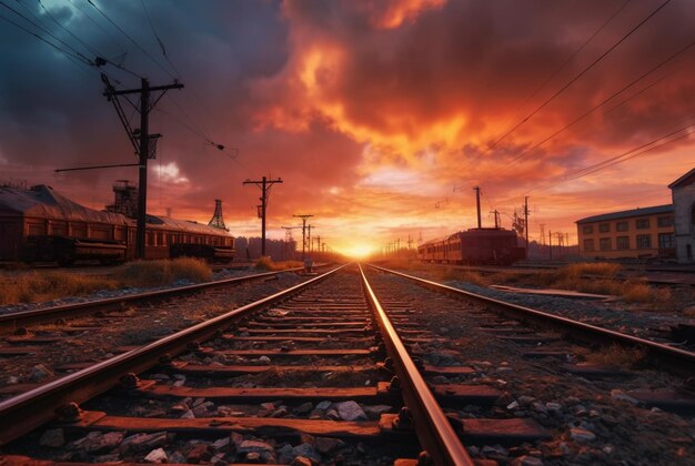 Spoorweg met prachtige zonsondergang generatieve ai