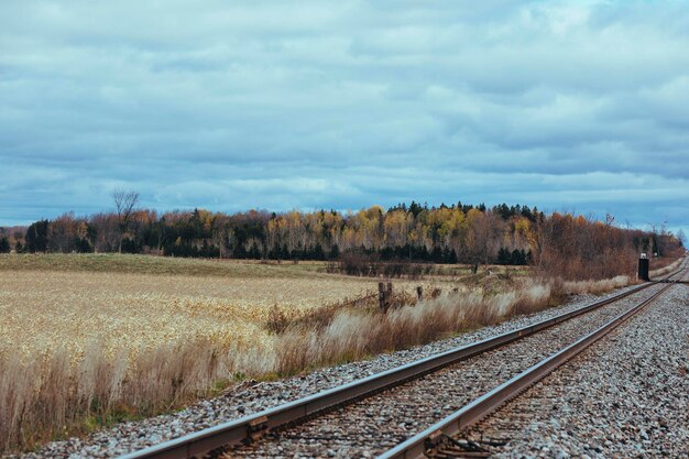 Foto spoorweg spoor door veld tegen bewolkte lucht