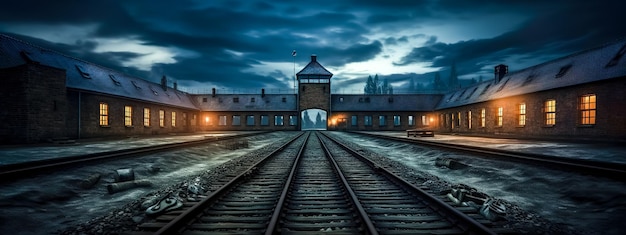 Spoorwegen in een concentratiekamp raciale haat en oorlog gemaakt met Generatieve AI
