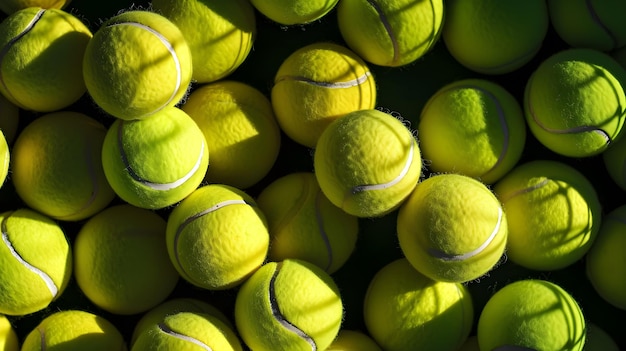 Спортивная и активная концепция Верхний вид куча теннисных мячей зеленые цвета ИИ