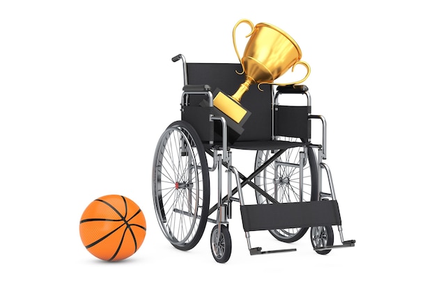 スポーツ賞のコンセプト。白地にゴールデンアワードトロフィー、車椅子、バスケットボールボール。 3Dレンダリング