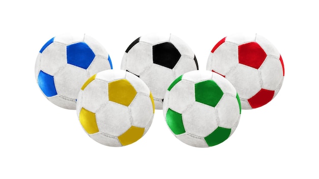 Sport balls in different colours. Football or soccer equipment. Colorful sport theme collage isolated on white studio background, flyer. Copyspace for your text, image or advertising.