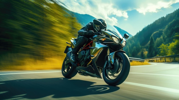 Sport bike rider on a race track with a mountain background