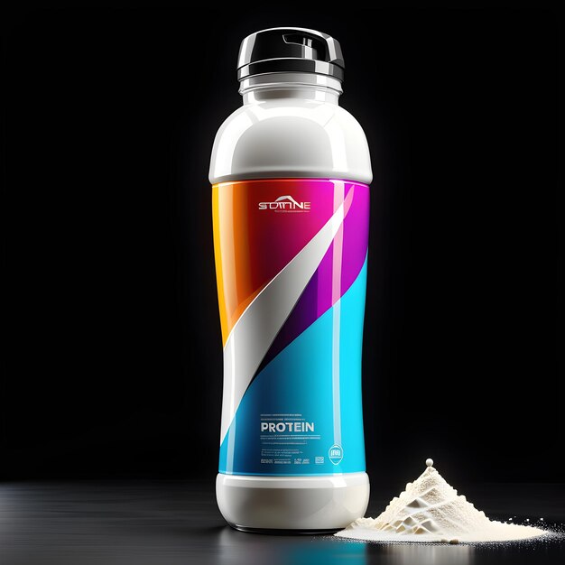 Photo sport bottle with protein powder on black background