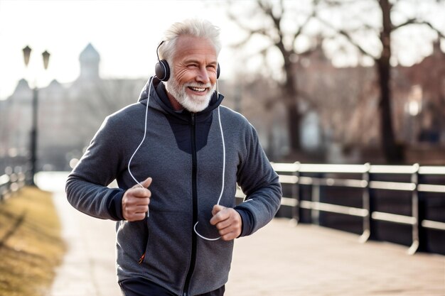 Sport buiten koptelefoon oefening levensstijl lopen mannen joggen oude blanke fitness generatieve AI