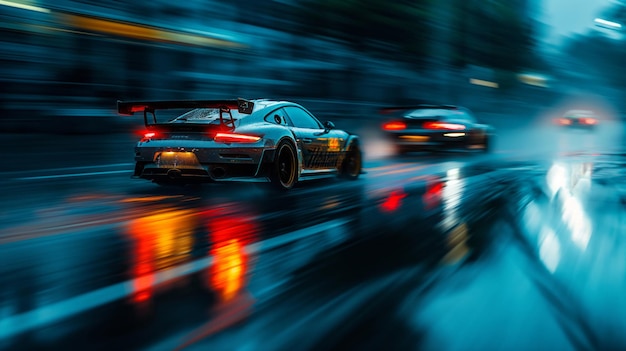 Sport car motion blur of race between two cars in blue hour rain with lights on road Sport car on wet asphalt high speed