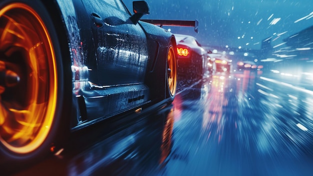 Sport car motion blur of race between two cars in blue hour rain with lights on road Sport car on wet asphalt high speed