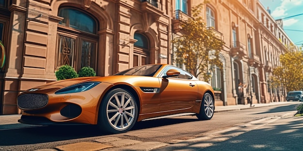 sport car parked on side of street in the city at sunny day blue sky