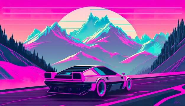 Sport car on pink road Creative illustration Ai Generate