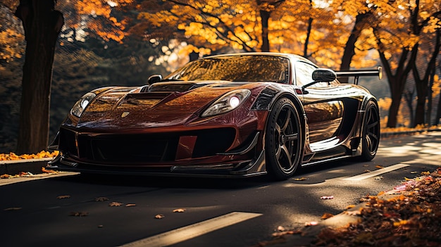 Sport car on the road in the autumn forest 3d rendering