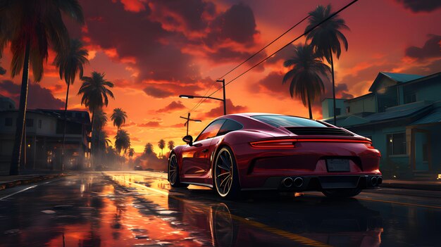 Photo sport car on the road with sunset generative ai