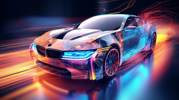 sport car with glowing lights on the background 3d rendering