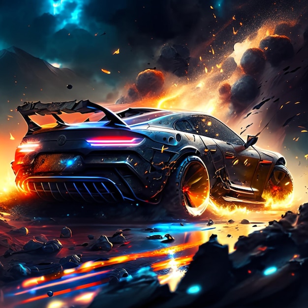 Sport car with smoke in neon light on the asphalt road at night