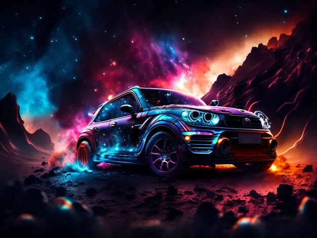 Sport car with smoke in neon light on the asphalt road at night