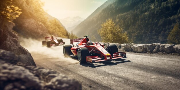 Sport cars racing on a trail in the forest mountains