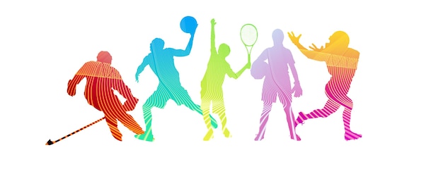 Photo sport collage made of drawing sportsmen with bright fluid colors isolated on white studio wall