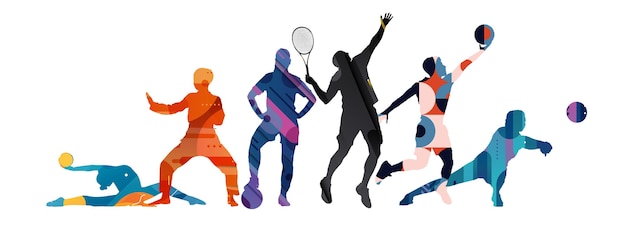 Sport collage made of drawing sportsmen with bright fluid colors isolated on white studio wall