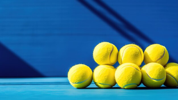 Sport composition with yellow tennis balls and racket on a blue background of hard tennis court