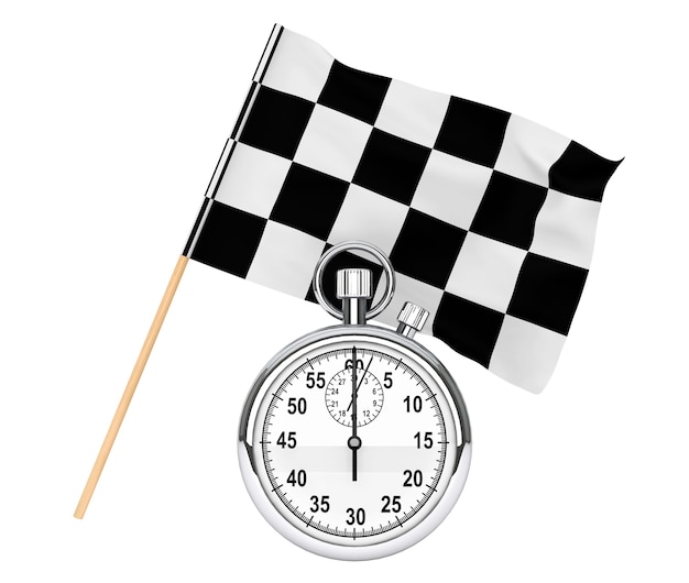 Concetto di sport. cronometro con bandiera a scacchi su sfondo bianco