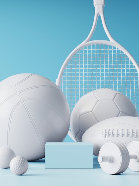 Sport equipment for healthy lifestyle packaging presentation. Set of sport items on blue wall. 3d rendering illustration.