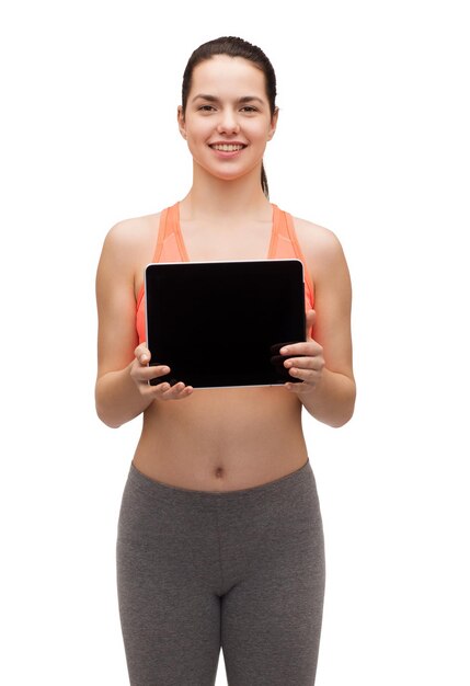 sport, excercise, technology, internet and healthcare - sporty woman with tablet pc blank screen