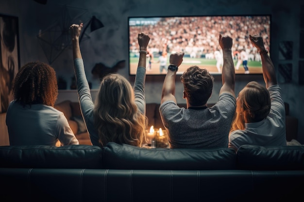 Sport fans party cheer and celebrating a winning tournament and watching TV at home Generative AI