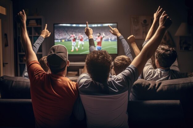 Photo sport fans party cheer and celebrating a winning tournament and watching tv at home generative ai