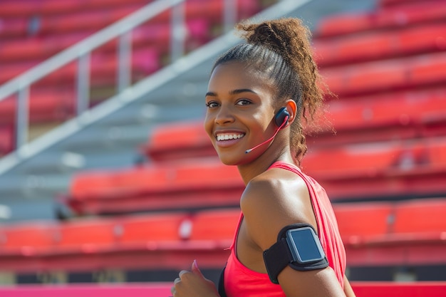 写真 アフリカ系アメリカ人の女性スポーツ選手はランニング・トレーニングやジョギング中に笑顔でフィットネス・スマートウォッチを着用しイヤホンとスマートフォンを腕輪に付け空のスタジアム・スタンドと階段を利用しています