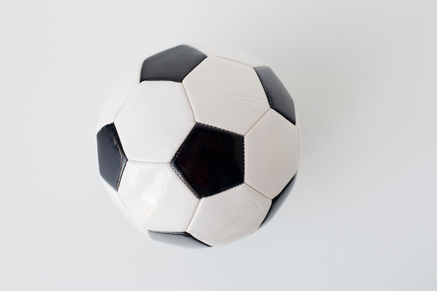 sport, football and sports equipment concept - close up of soccer ball over white background from top