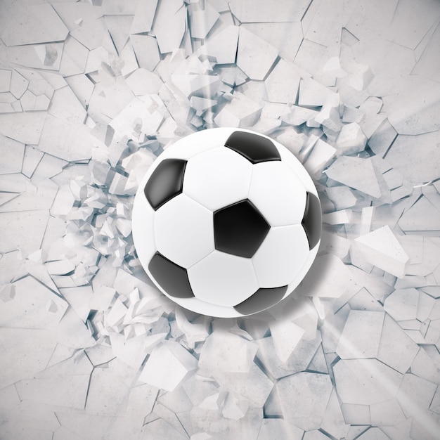 Sport illustration with soccer ball coming in cracked wall. 