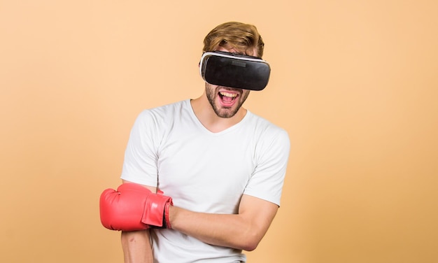 Sport is our life modern gadget Training boxing game vr boxing future innovation man in VR glasses Futuristic gaming boxing in virtual reality Digital sport success man use new technology