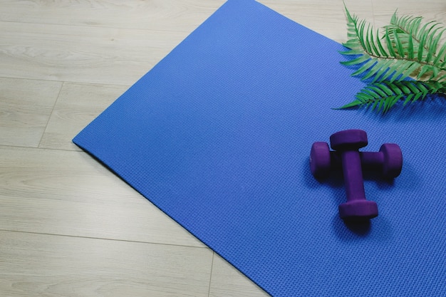 Sport kettlebells or weights on blue pad, wooden laminate, fern sheets