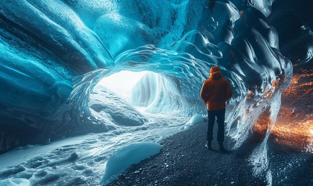 Sport Man exploring in beautiful ice Cave