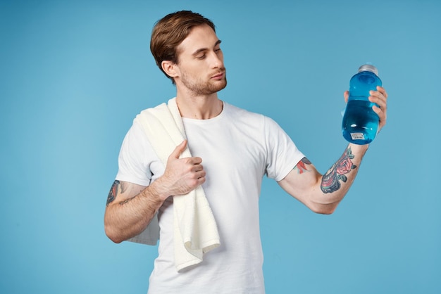 Sport man in white tshirt water bottle health workout isolated background