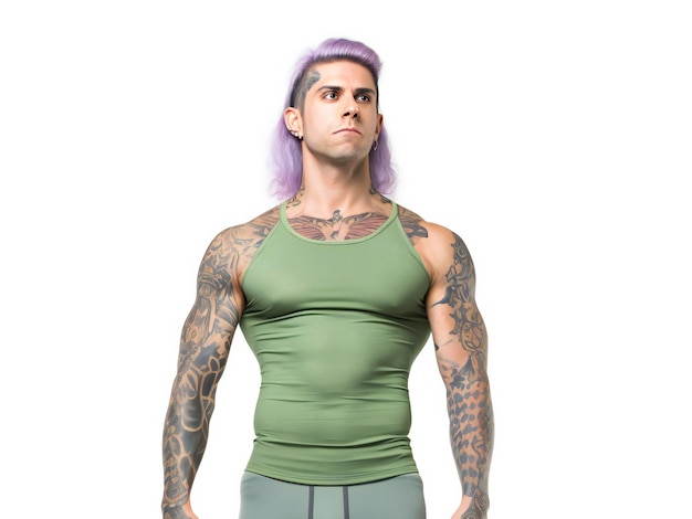 Sport man with tattoos on his arms and shoulders looking to the side on isolated white background
